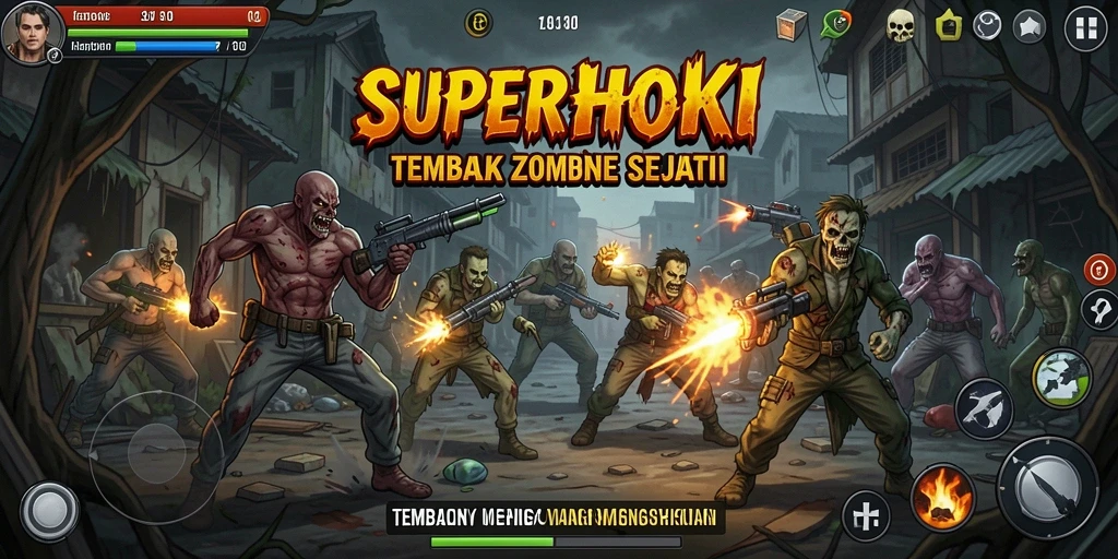 Antarmuka permainan SUPERHOKI saat menembak zombie yang menyeramkan.